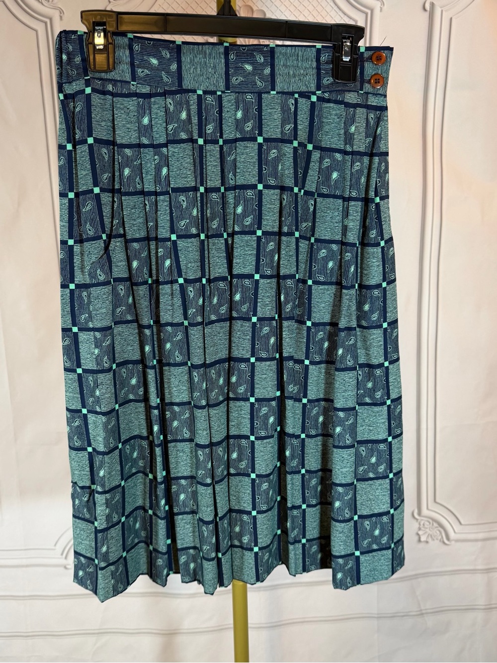 Vintage Jos A Bank Skirt Pleated Paisley Midi Pockets 10 Made USA Blue Preppy